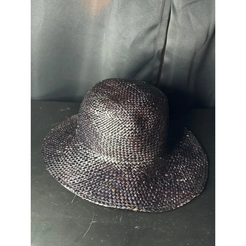 Black paper  Woven Straw Sun Hat Round Crown Summer Beach Wide Brim Fedora Style